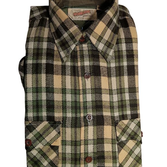 Small Flannel Shirt Vintage 1970's Mens Vanderbilt Plaid Green/Beige Acrylic NOS - Picture 1 of 5